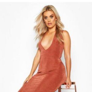 Plus Plunge Textured Slinky Midi Dress Rust
